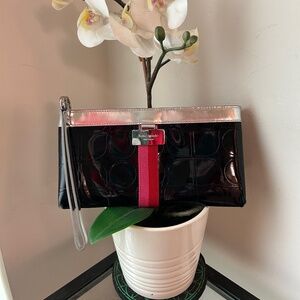 Kate Spade Black and Silver Wristlet With Pink and Red Stripe Detail